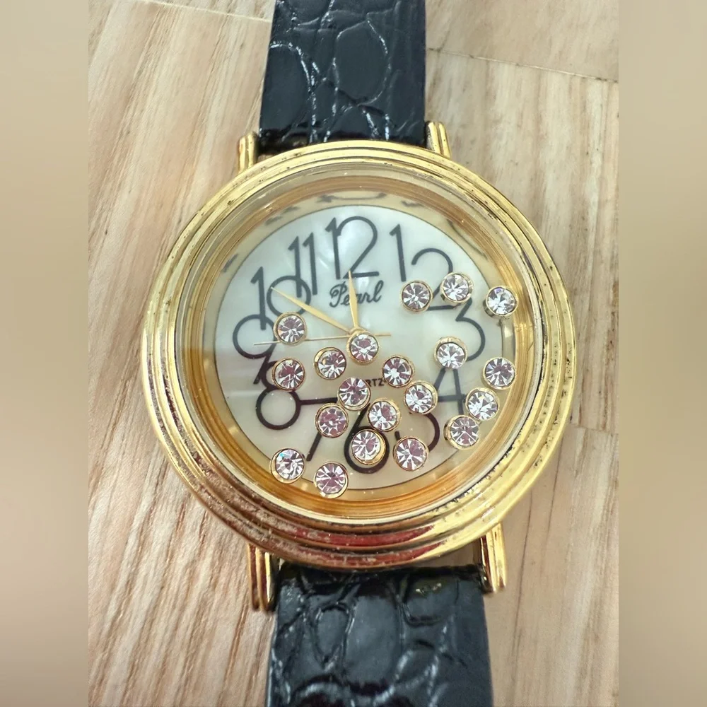 Vintage Ladies gold tone mother of pearl floating crystals watch NEW BATTERY